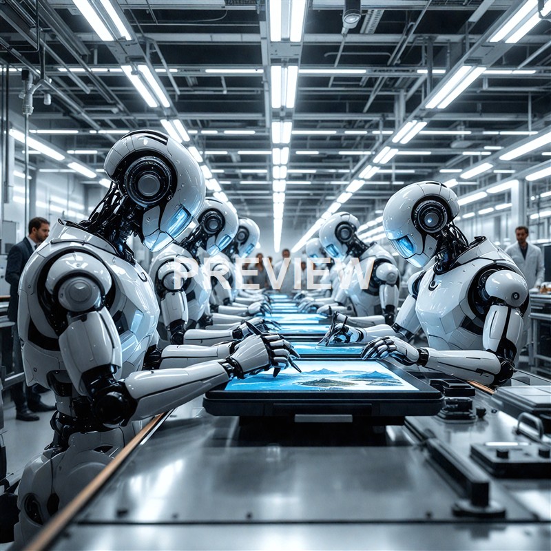 A group of humanoid robots with sleek, white exteriors and glowing blue visors are seated at a long table inside a high-tech manufacturing or research facility, with human workers in the background observing or overseeing the process.